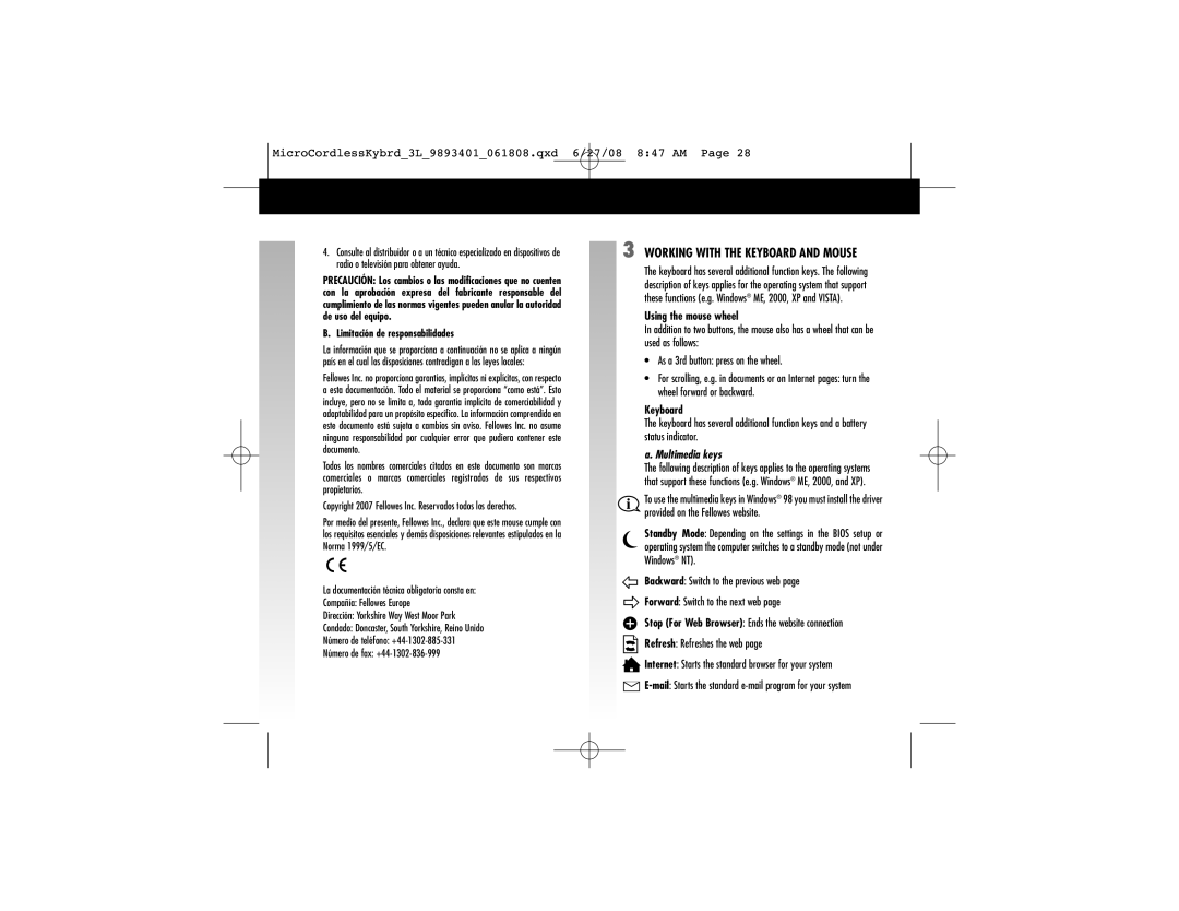 Fellowes 9893401 manual Working with the Keyboard and Mouse, Using the mouse wheel, Multimedia keys 