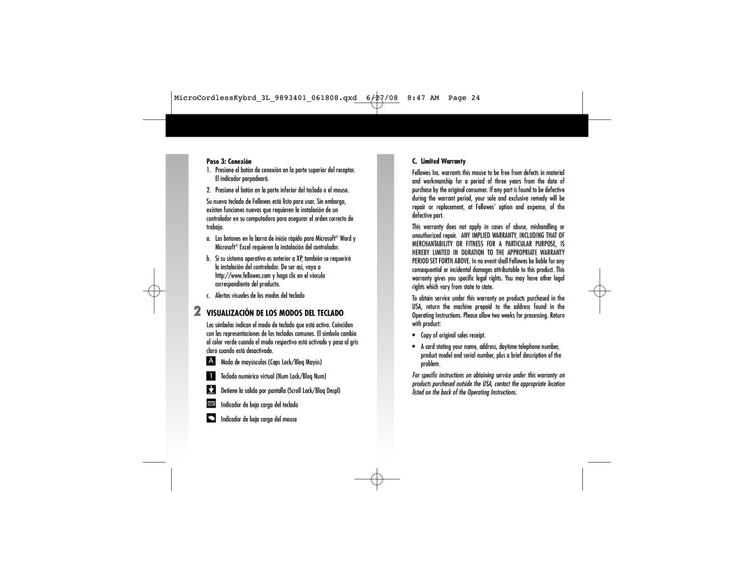 Fellowes 9893401 manual Visualización DE LOS Modos DEL Teclado, Paso 3 Conexión, Alertas visuales de los modos del teclado 