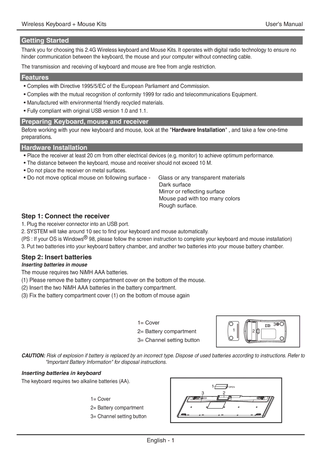 Fellowes 9893501 manual Getting Started, Features, Preparing Keyboard, mouse and receiver, Hardware Installation 