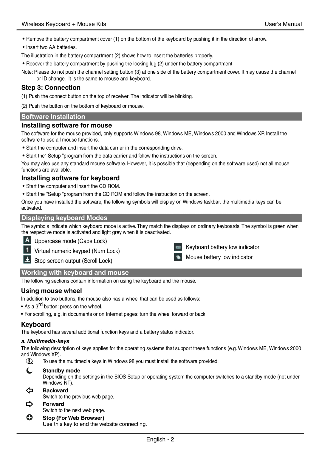 Fellowes 9893501 manual Software Installation, Displaying keyboard Modes, Working with keyboard and mouse 