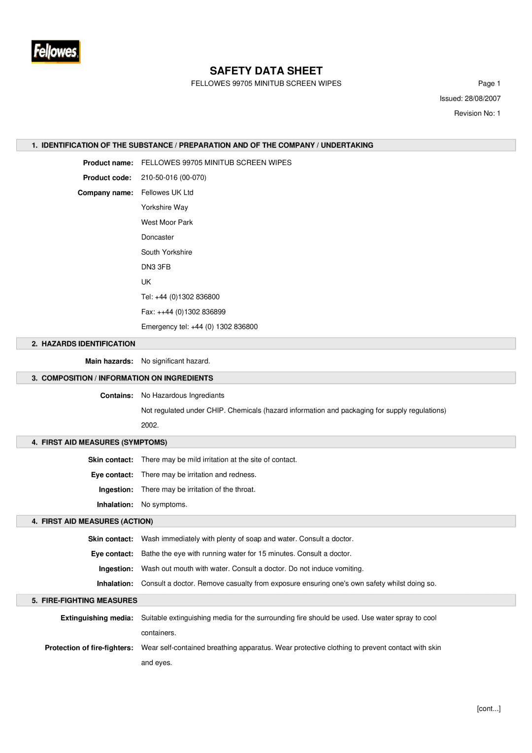 Fellowes 99705 manual Hazards Identification, Composition / Information on Ingredients, First AID Measures Symptoms 