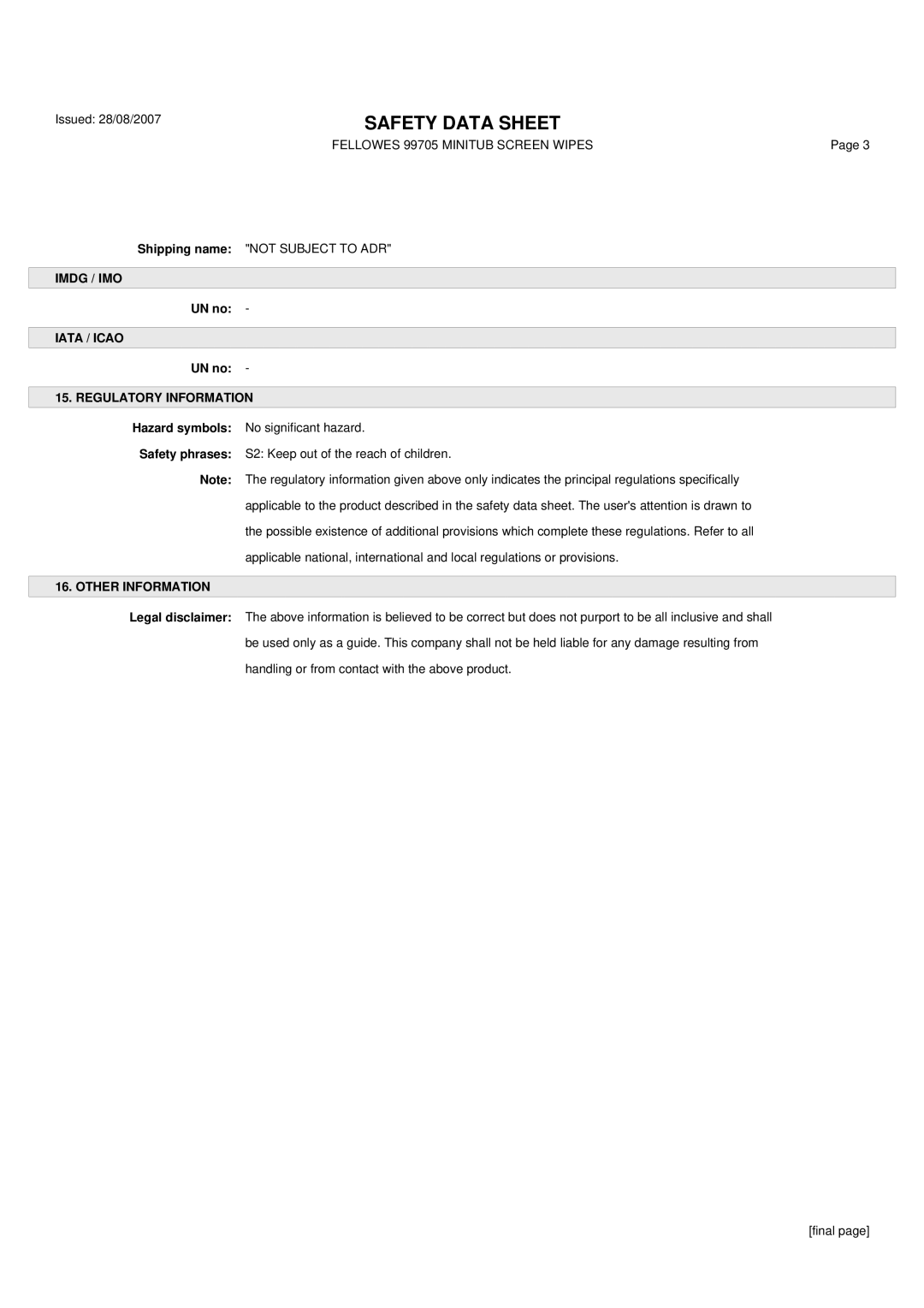 Fellowes 99705 manual Imdg / IMO, Iata / Icao, Regulatory Information, Other Information 