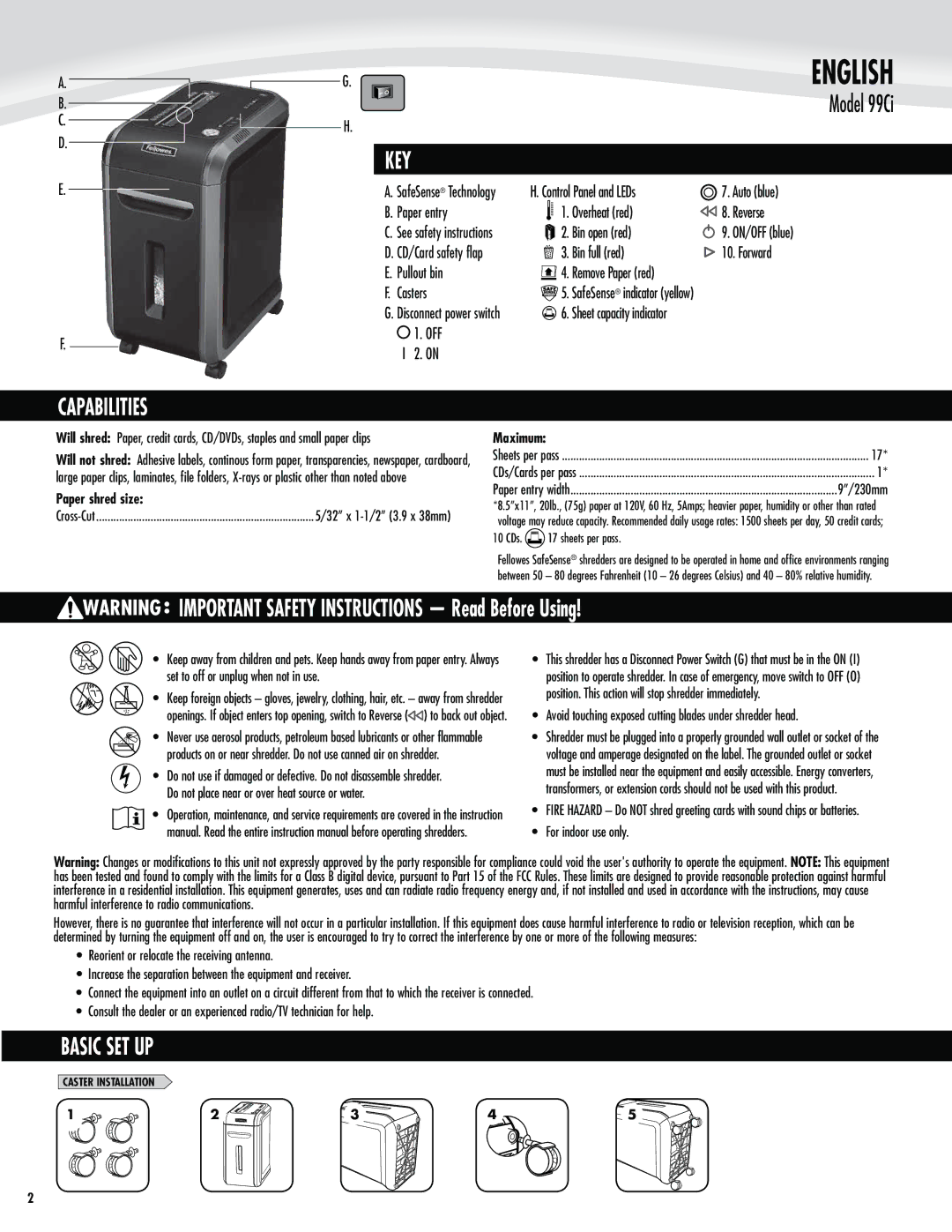 Fellowes 99Ci manual Key, Capabilities, Basic SET UP, Paper shred size, Maximum 