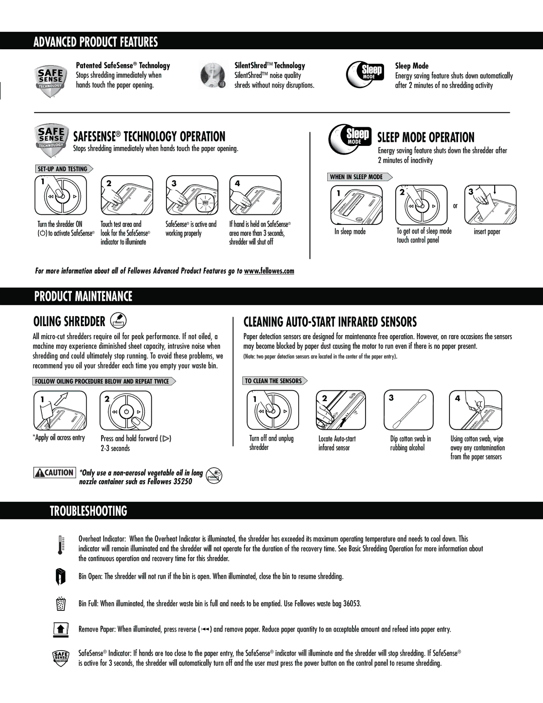 Fellowes 99Ms manual Advanced Product Features, Product Maintenance, Troubleshooting 