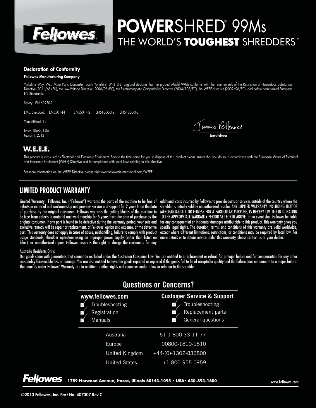 Fellowes 99Ms manual Limited Product Warranty, Declaration of Conformity 