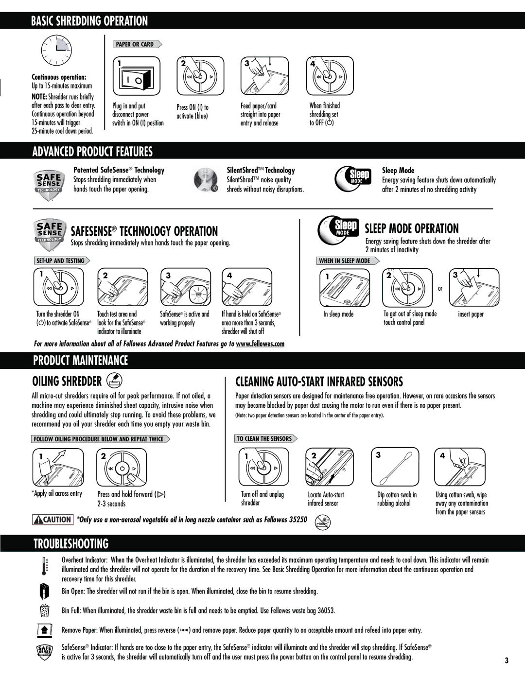 Fellowes 99Ms Basic Shredding Operation, Advanced Product Features, Product Maintenance, Oiling Shredder, Troubleshooting 