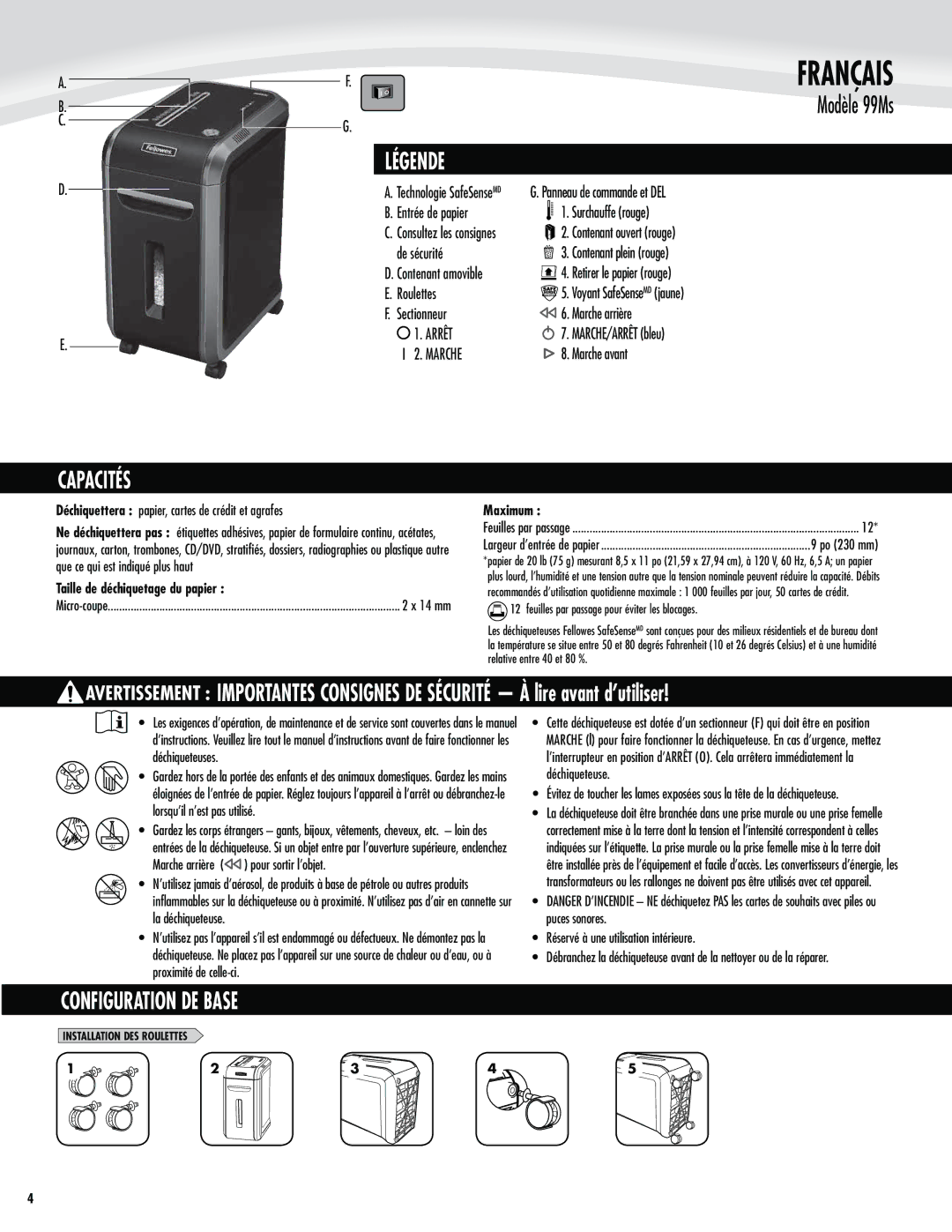 Fellowes 99Ms manual Français, Légende, Capacités, Configuration DE Base, Taille de déchiquetage du papier 