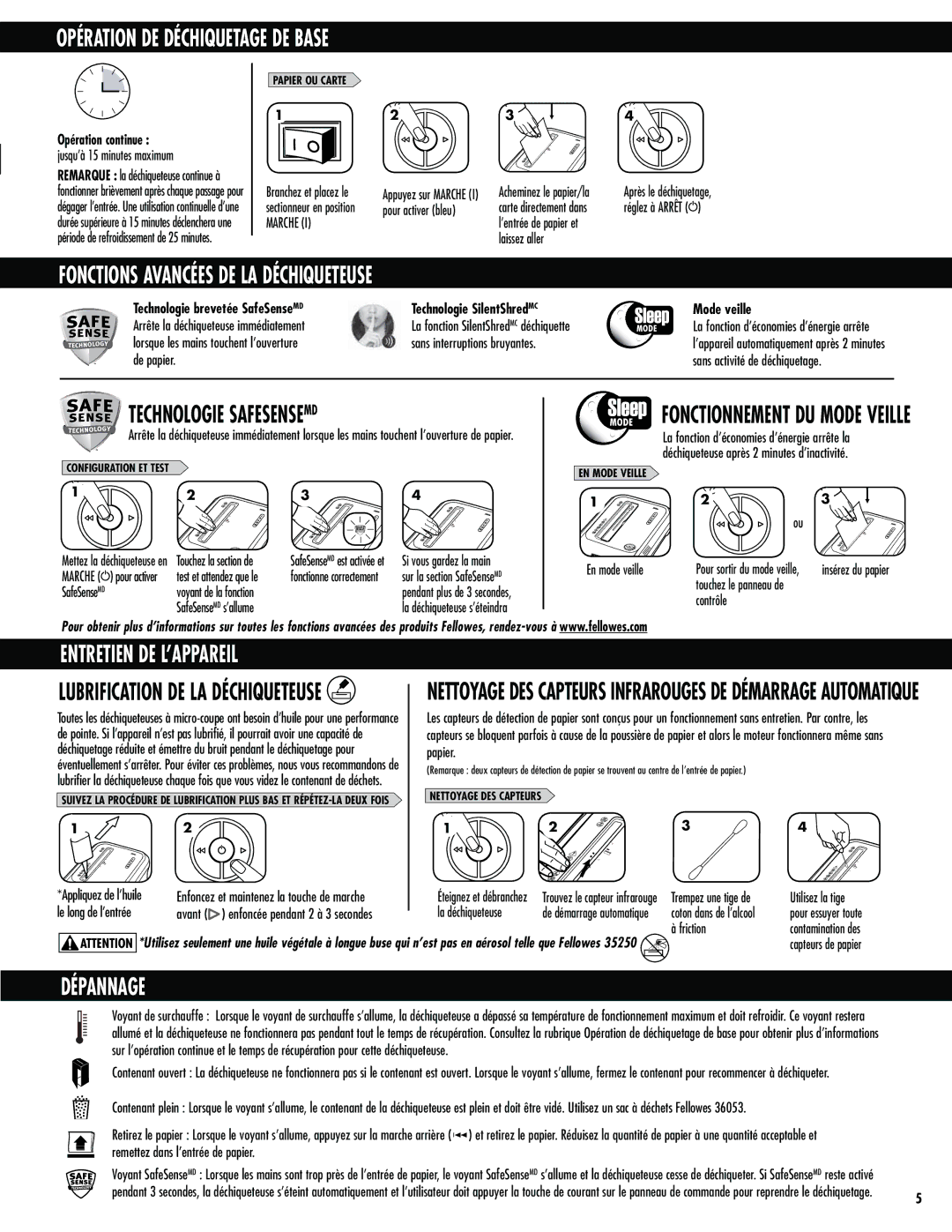 Fellowes 99Ms manual Opération DE Déchiquetage DE Base, Fonctions Avancées DE LA Déchiqueteuse, Technologie Safesensemd 