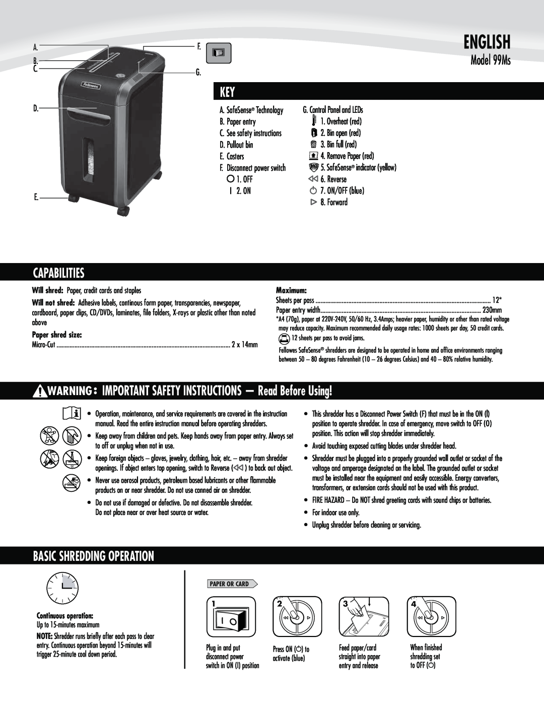 Fellowes 99Ms manual Capabilities, IMPORTANT SAFETY INSTRUCTIONS - Read Before Using, Basic Shredding Operation, English 