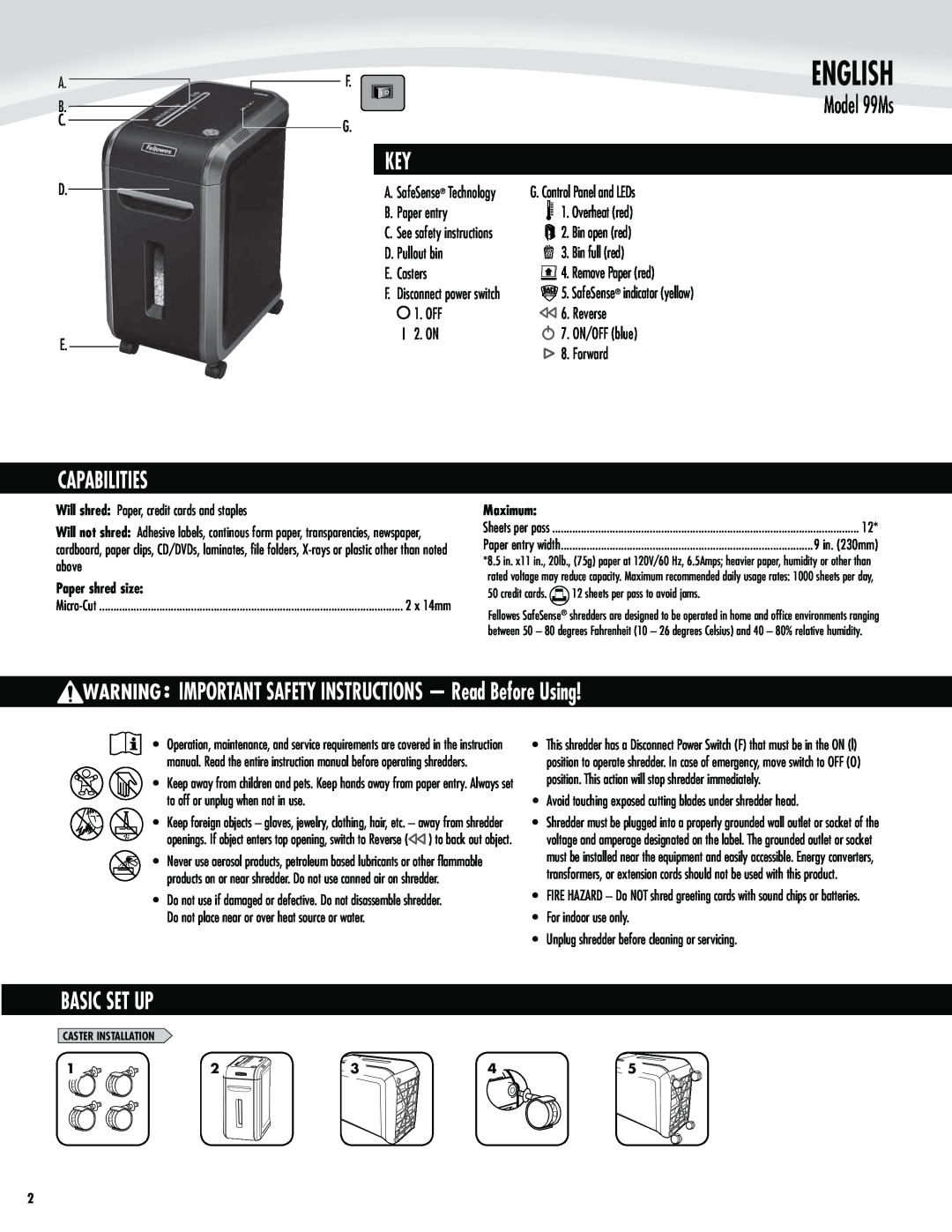 Fellowes 99Ms manual Capabilities, IMPORTANT SAFETY INSTRUCTIONS - Read Before Using, Basic Set Up, English 