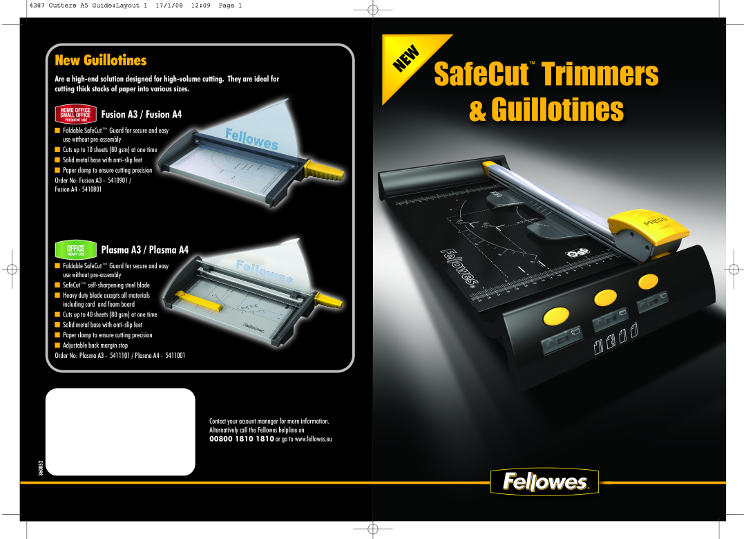 Fellowes A3 - 5411101 manual Fusion A3 / Fusion A4, Plasma A3 / Plasma A4, SafeCut Trimmers & Guillotines, New Guillotines 