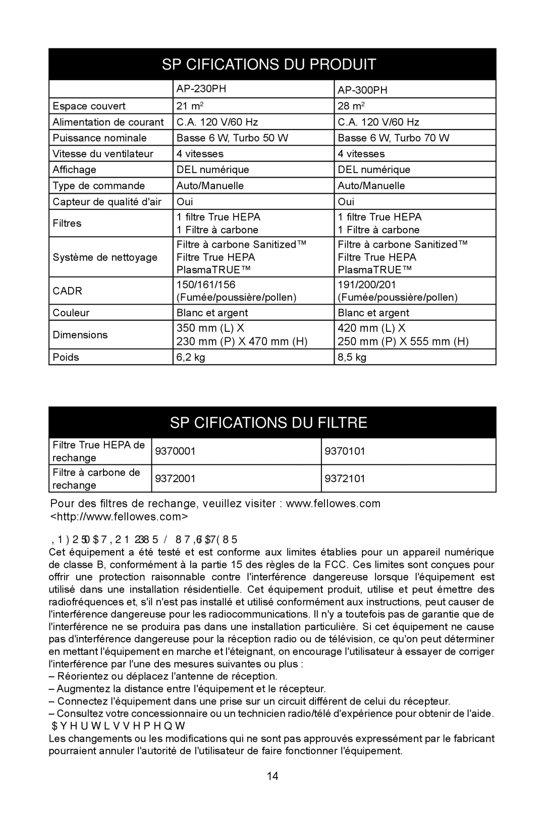 Fellowes AP-300PH, AP-230H manual Spécifications DU Produit, Spécifications DU Filtre, InFoRmaTIon PouR luTIlIsaTeuR 