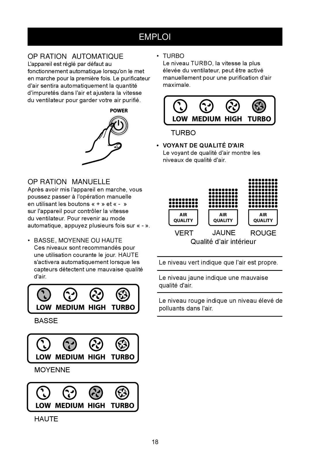 Fellowes AP-300PH, AP-230H manual Emploi, Turbo, VoYanT de QualITé daIR, BASSE, Moyenne OU hAUTE 