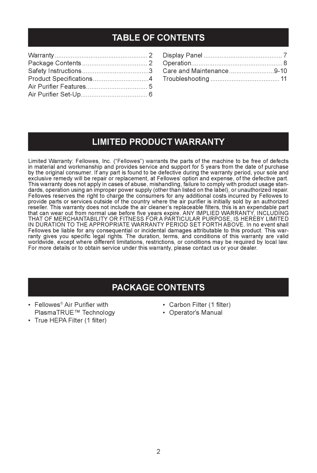 Fellowes AP-300PH, AP-230H manual Table of Contents, Limited Product Warranty, Package Contents 