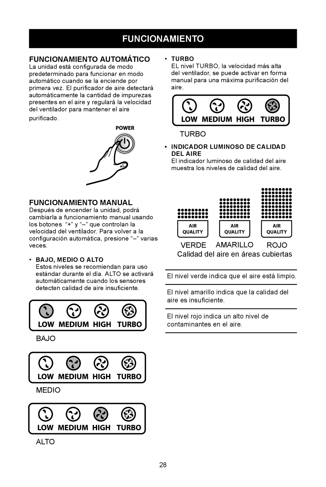 Fellowes AP-300PH, AP-230H manual Funcionamiento, IndIcadoR lumInoso de calIdad, DEL Aire, BAjO, Medio O Alto 
