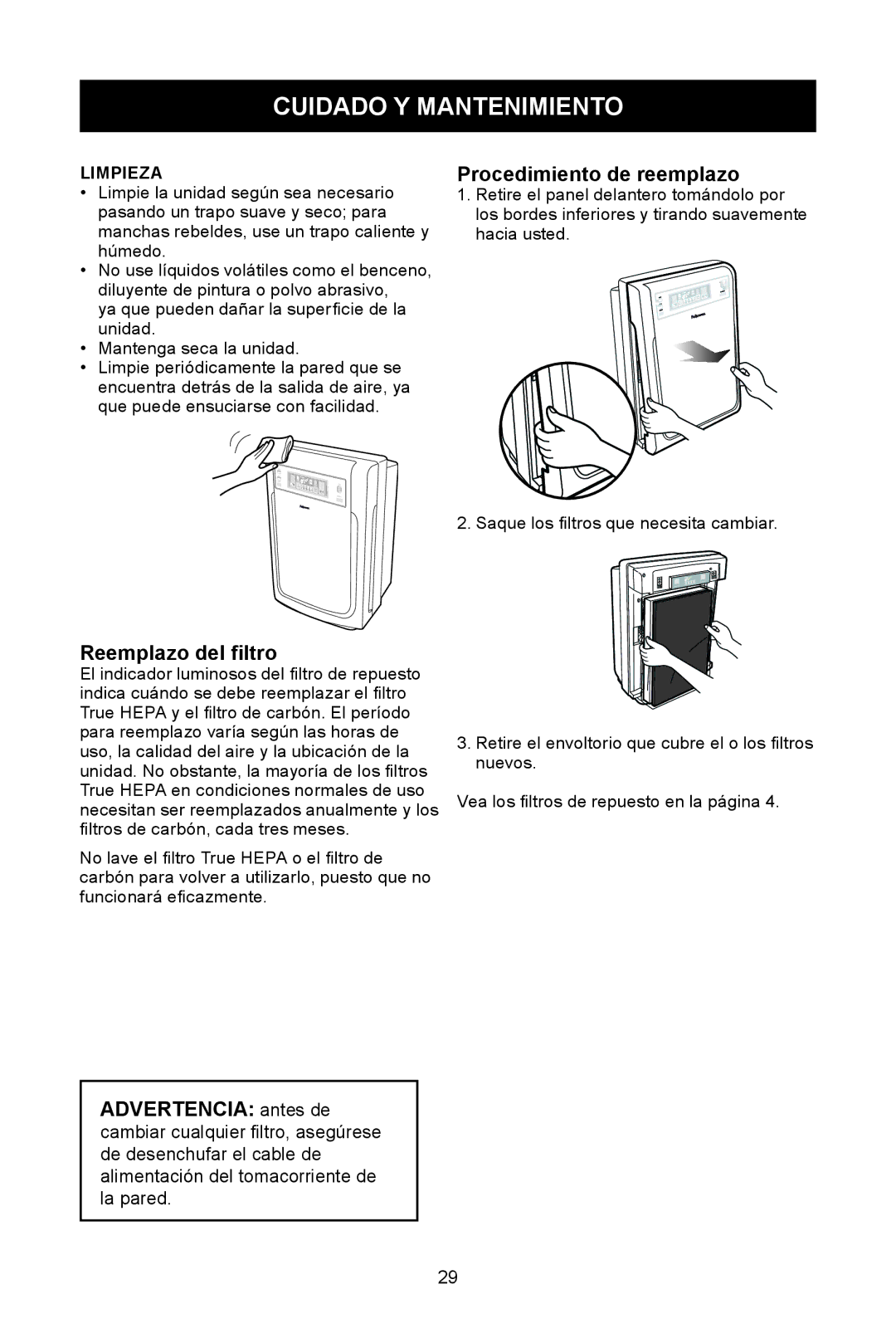 Fellowes AP-230H, AP-300PH manual Cuidado Y Mantenimiento, Procedimiento de reemplazo, Reemplazo del filtro, Limpieza 