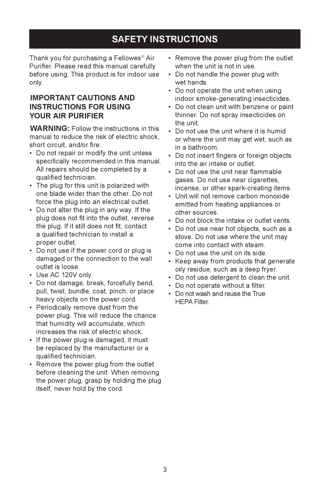 Fellowes AP-230H, AP-300PH manual Safety Instructions 