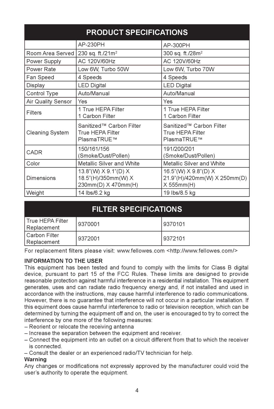 Fellowes AP-300PH, AP-230H manual Product Specifications, Filter Specifications 