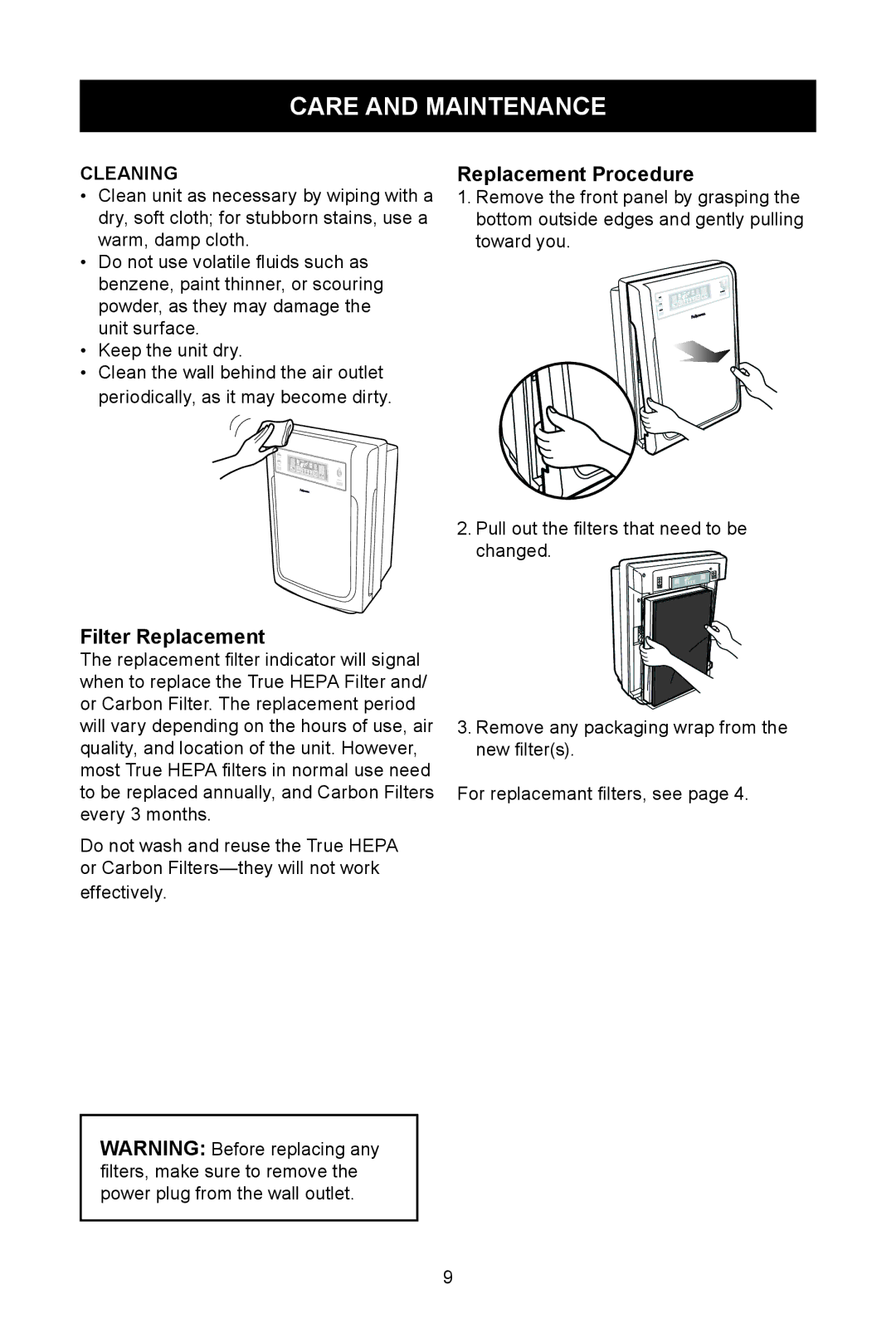 Fellowes AP-230H, AP-300PH manual Care and Maintenance, Replacement Procedure, Filter Replacement, Cleaning 