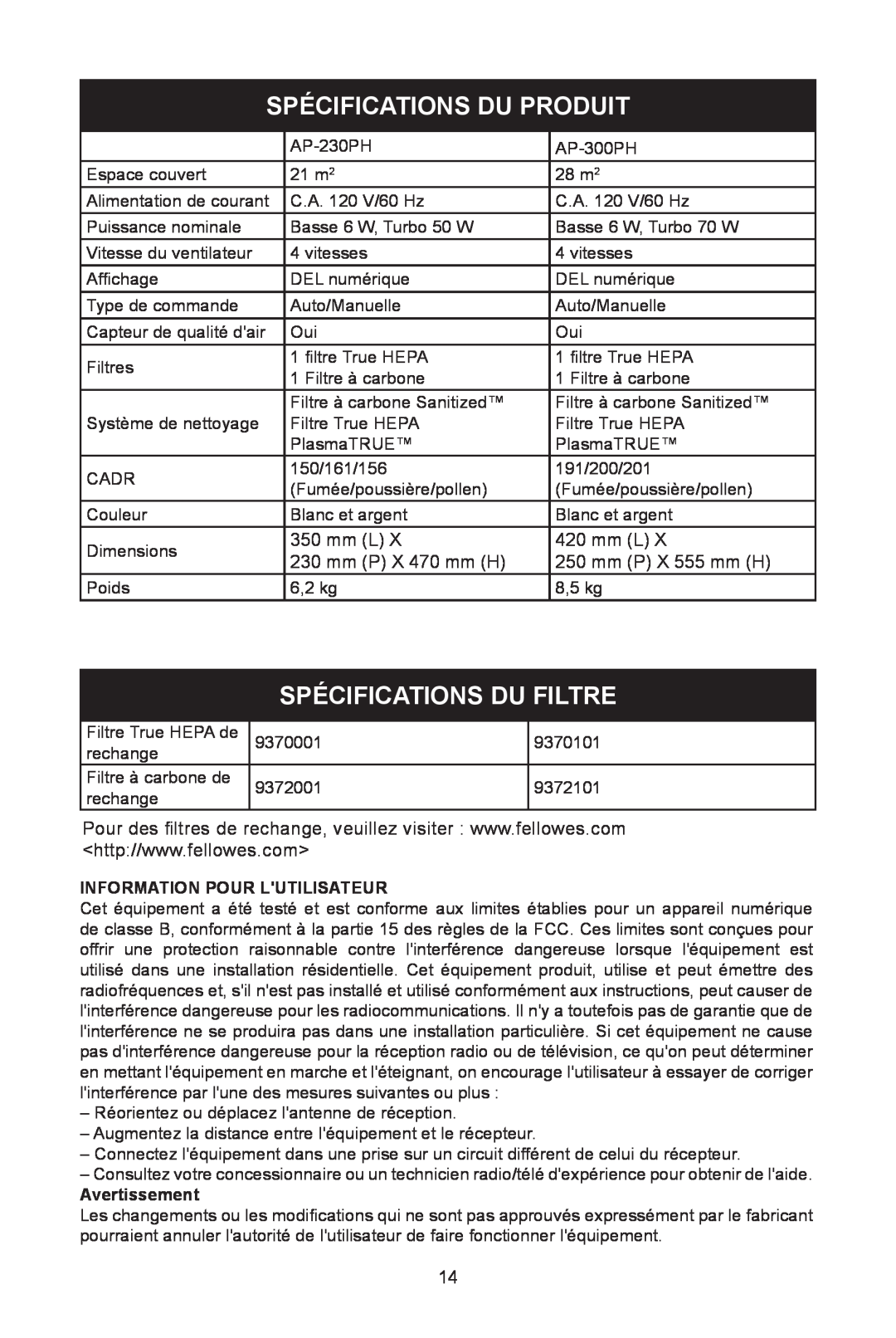 Fellowes AP-300PH, AP-230H Spécifications Du Produit, Spécifications Du Filtre, mm L, mm P X 470 mm H, mm P X 555 mm H 