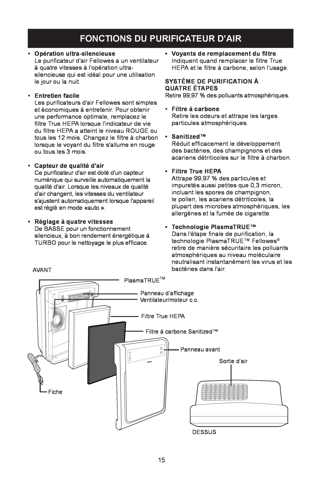 Fellowes AP-230H, AP-300PH manual Fonctions Du Purificateur D’Air 