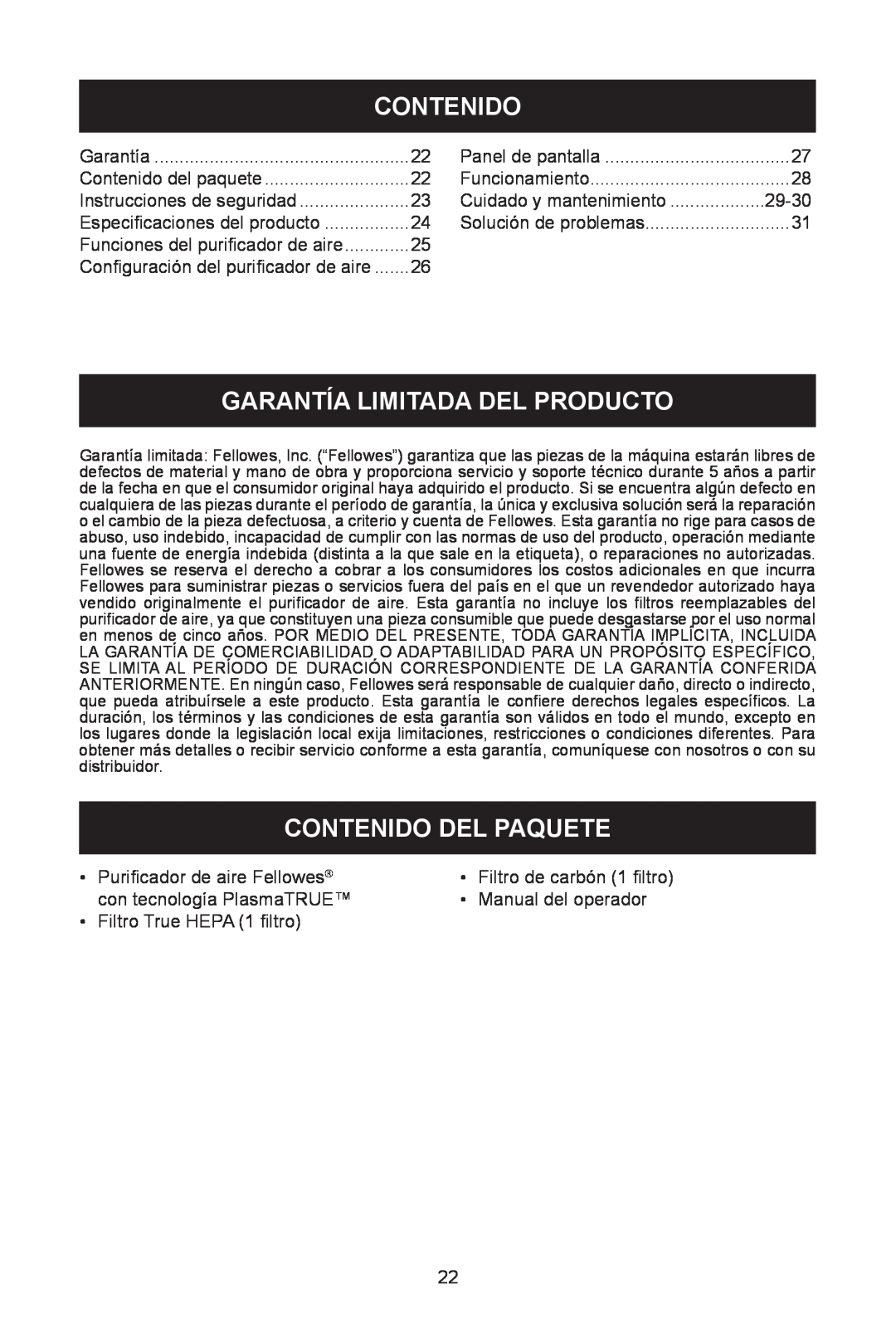 Fellowes AP-300PH, AP-230H manual Garantía Limitada Del Producto, Contenido Del Paquete 