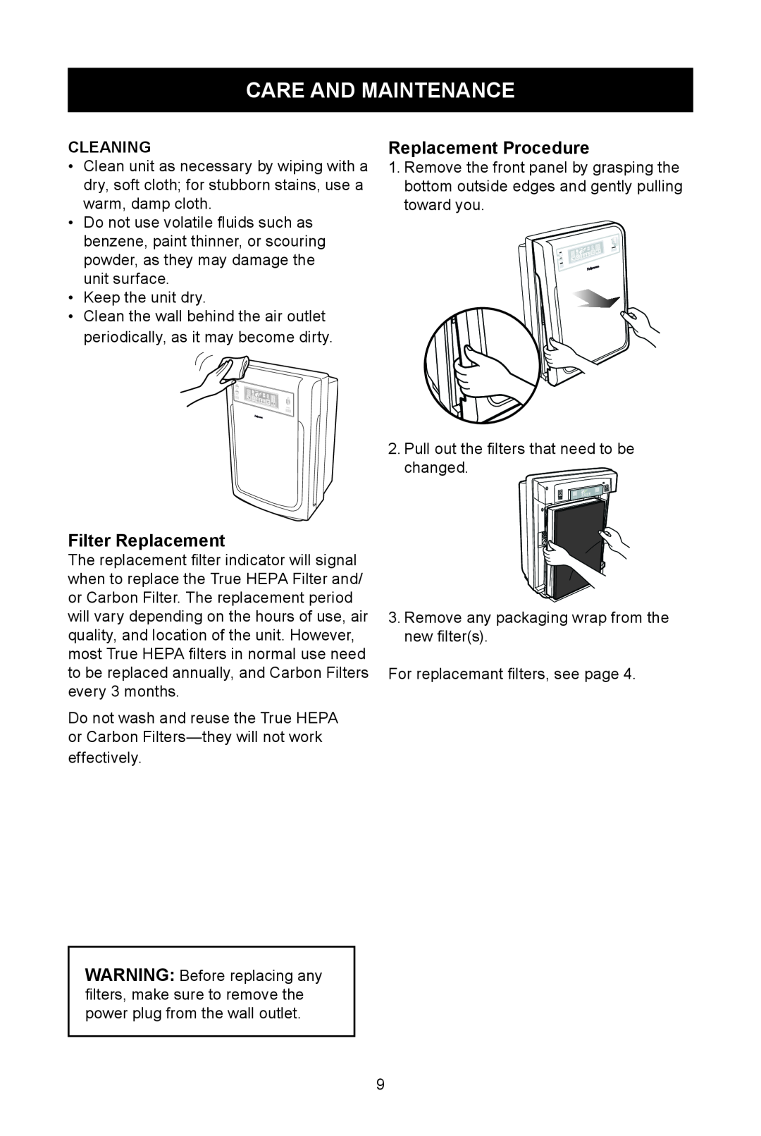 Fellowes AP-230H, AP-300PH manual Care And Maintenance, Replacement Procedure, Filter Replacement 