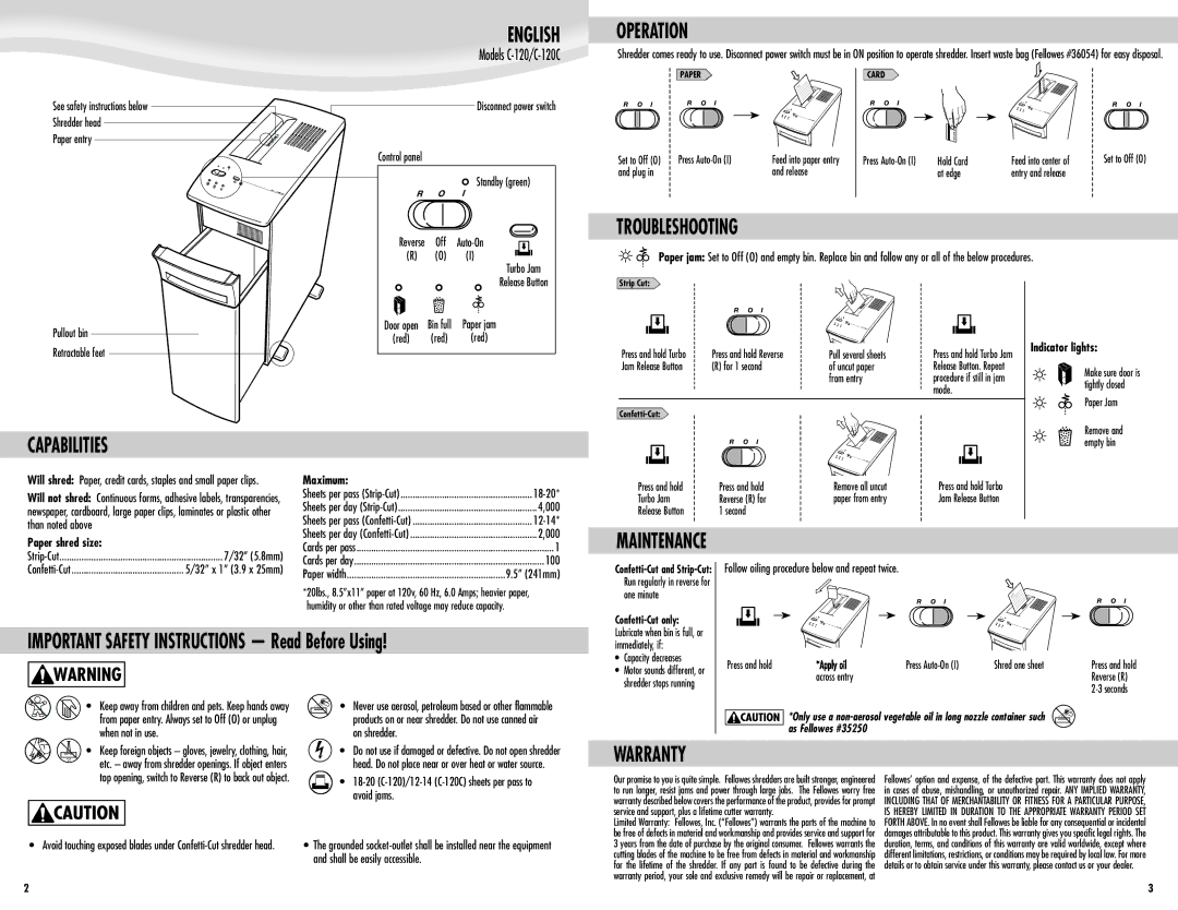 Fellowes C-120 manual Operation, Troubleshooting, Capabilities, Warranty 