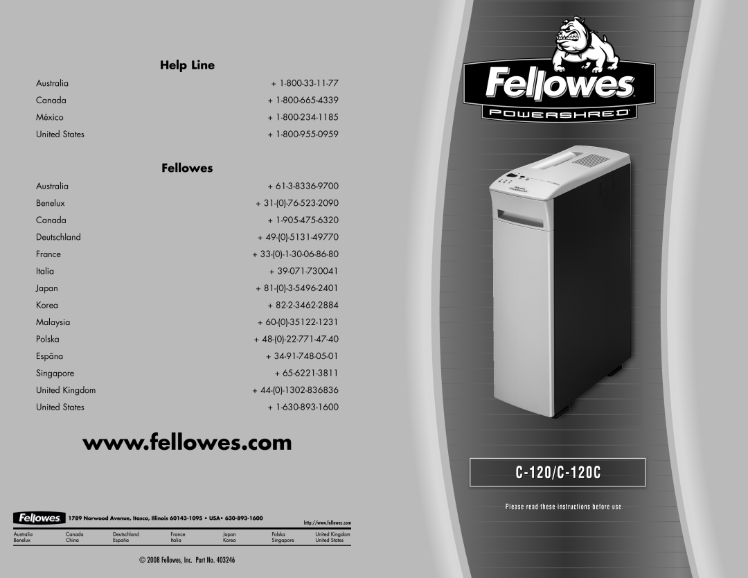 Fellowes C-120 manual Help Line, Fellowes, Inc. Part No 