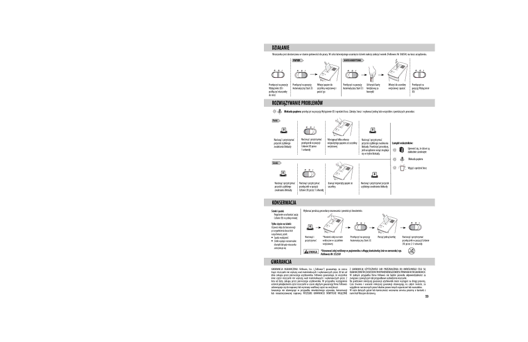 Fellowes C-120C manual Działanie, Rozwiązywanie Problemów, Gwarancja, Ścinki i paski 