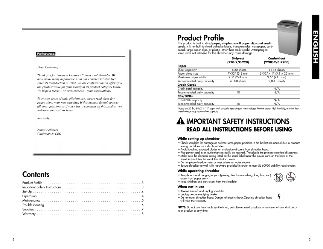 Fellowes C-220C, c-220, 220-2, C-220, 220c-2,C-220c manual Contents, Product Profile 