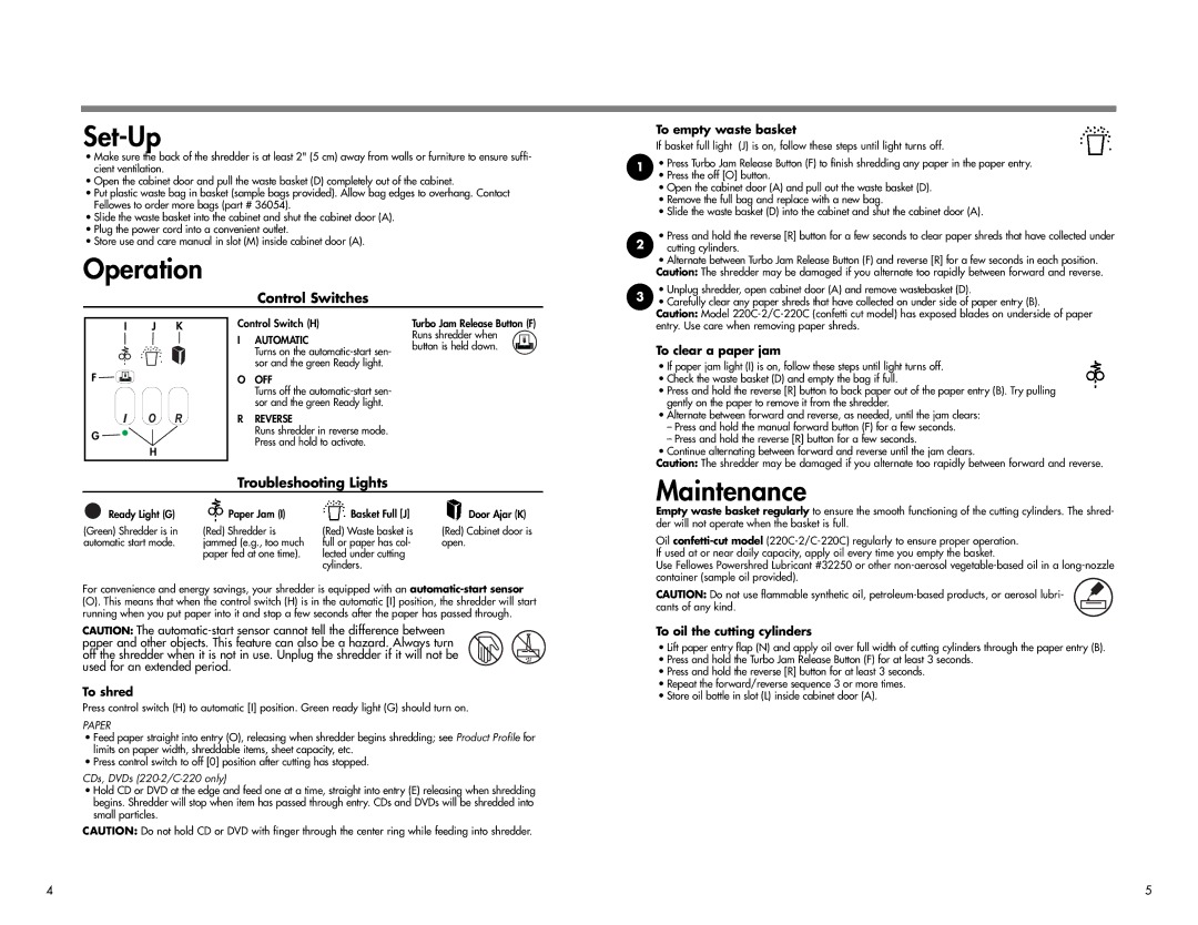 Fellowes c-220, C-220C, 220-2, C-220, 220c-2,C-220c manual Set-Up, Operation, Maintenance 