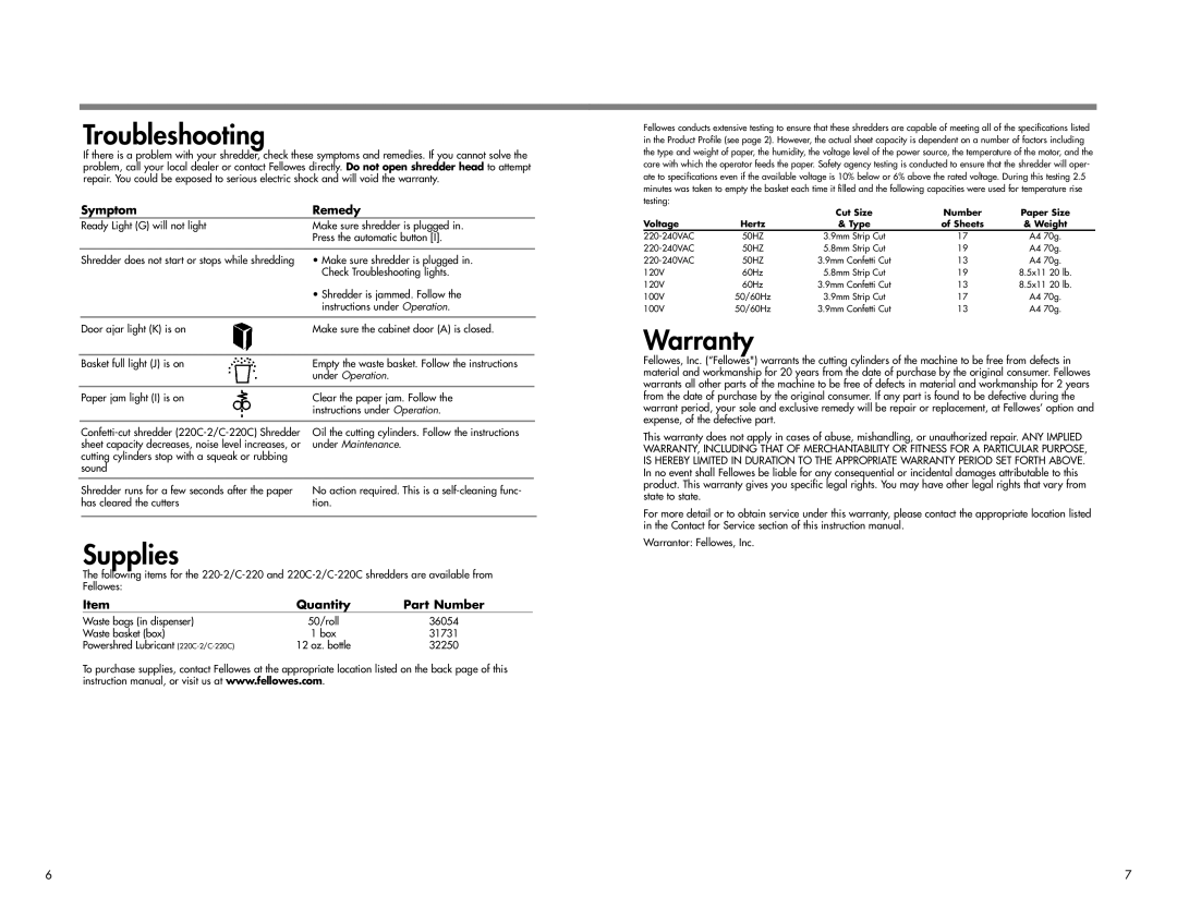 Fellowes 220-2, C-220, 220c-2,C-220c, C-220C, c-220 manual Troubleshooting, Supplies, Warranty, Symptom Remedy 