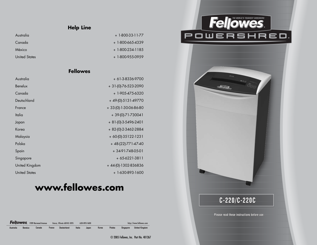 Fellowes c-220, C-220C manual Help Line, Fellowes, Inc. Part No 