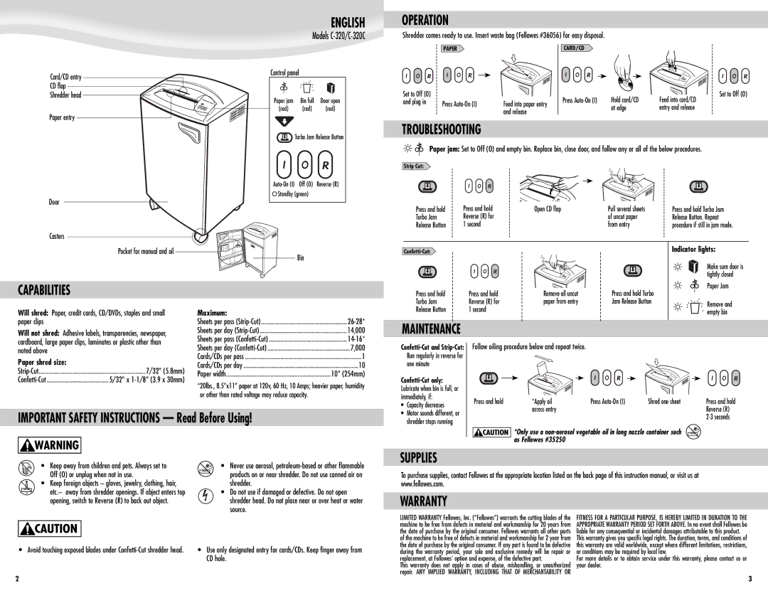 Fellowes C-320C manual English, Operation, Troubleshooting, Capabilities, Supplies, Warranty 