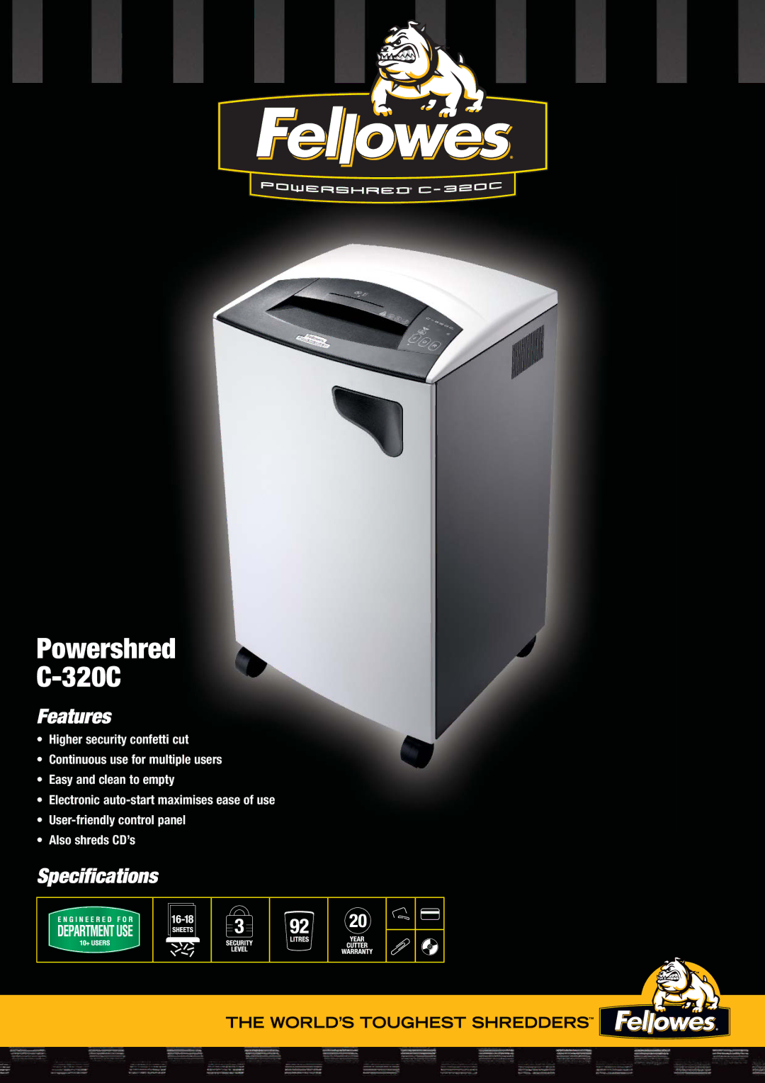 Fellowes C-320C specifications Powershred 320C, Features, Specifications 