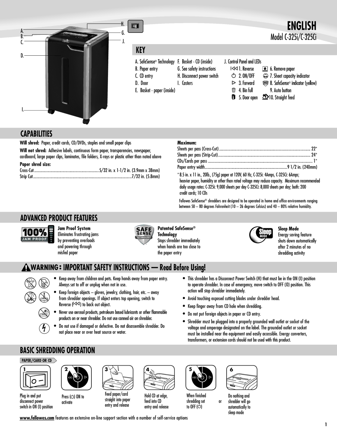 Fellowes C-325I, C-325CI manual Capabilities, Key, Advanced Product Features, Basic Shredding Operation 