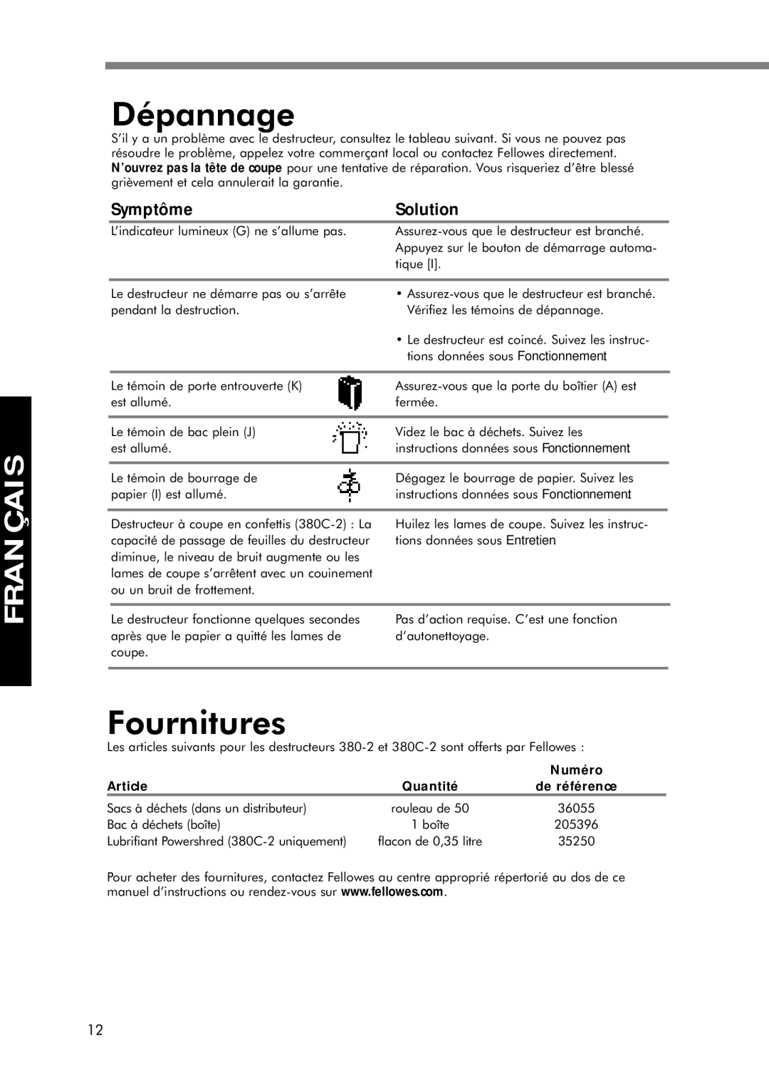 Fellowes C-380C, 380-2, 380C-2 manual Dépannage, Fournitures, Symptôme Solution 