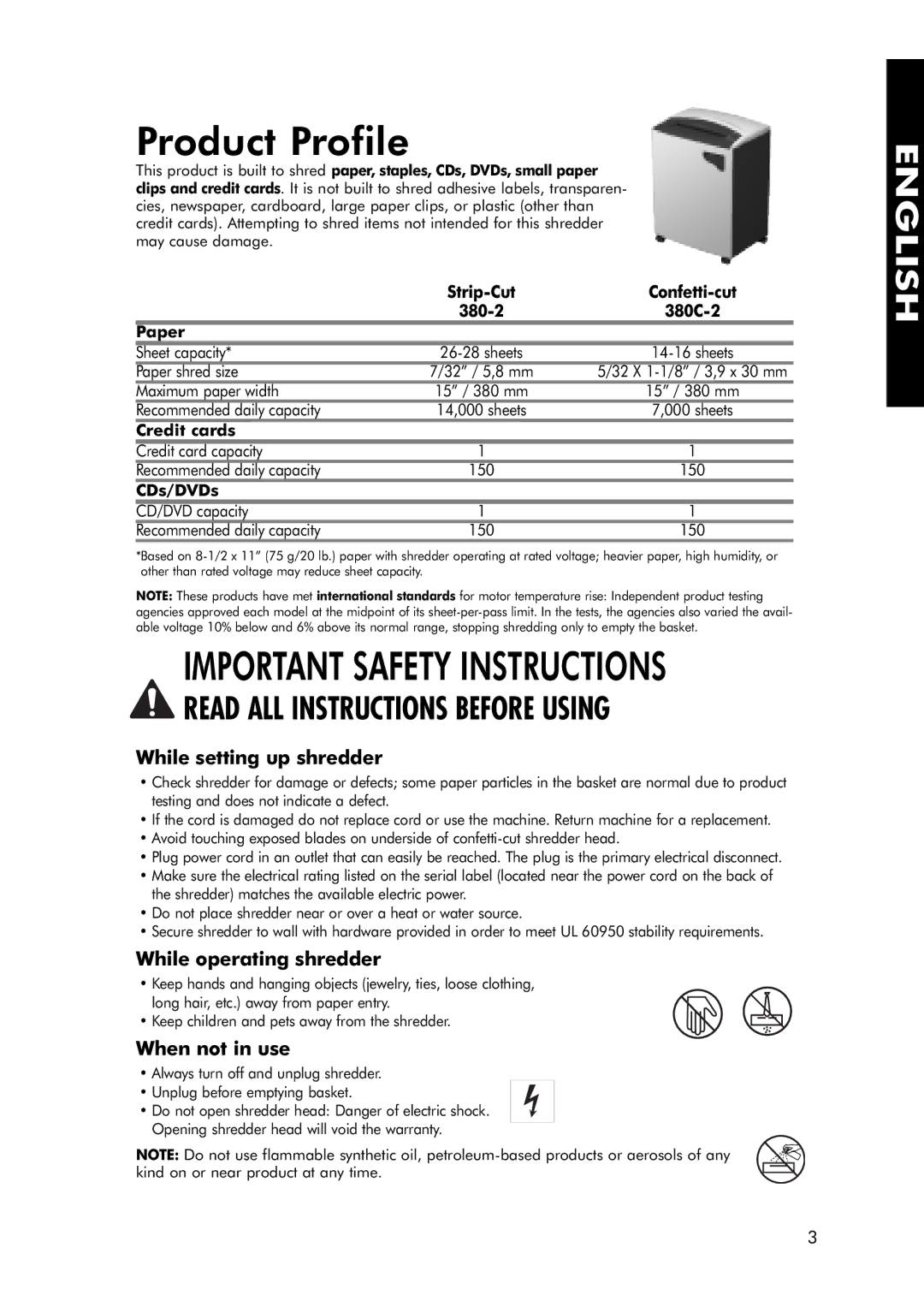 Fellowes C-380C, 380-2, 380C-2 manual Product Profile, While setting up shredder, While operating shredder, When not in use 