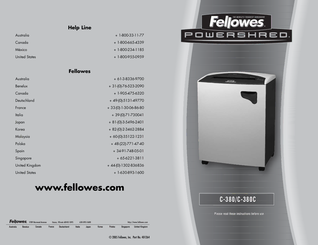 Fellowes C-380C manual Fellowes, Inc. Part No 