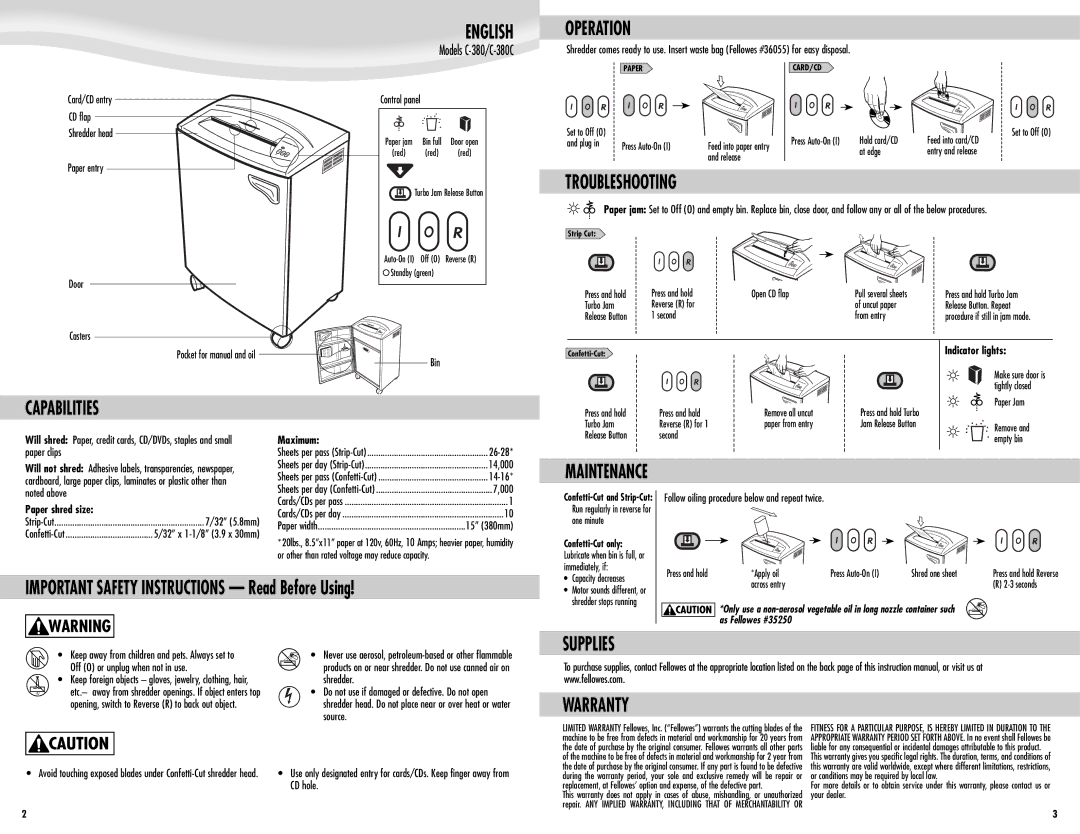 Fellowes C-380C manual English, Operation, Troubleshooting, Capabilities, Supplies, Warranty 