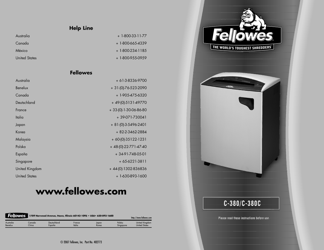 Fellowes 2233BW, C-380CMM manual Help Line 