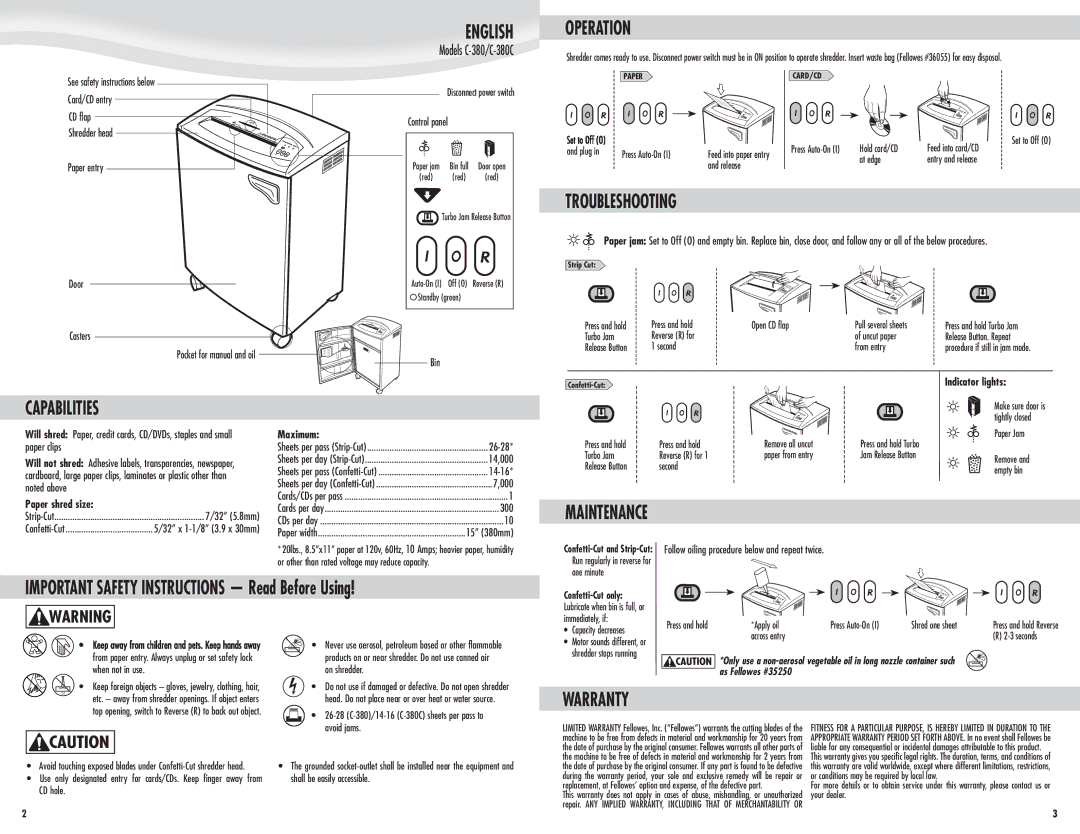 Fellowes C-380CMM, 2233BW manual Operation, Troubleshooting, Capabilities, Maintenance, Warranty 