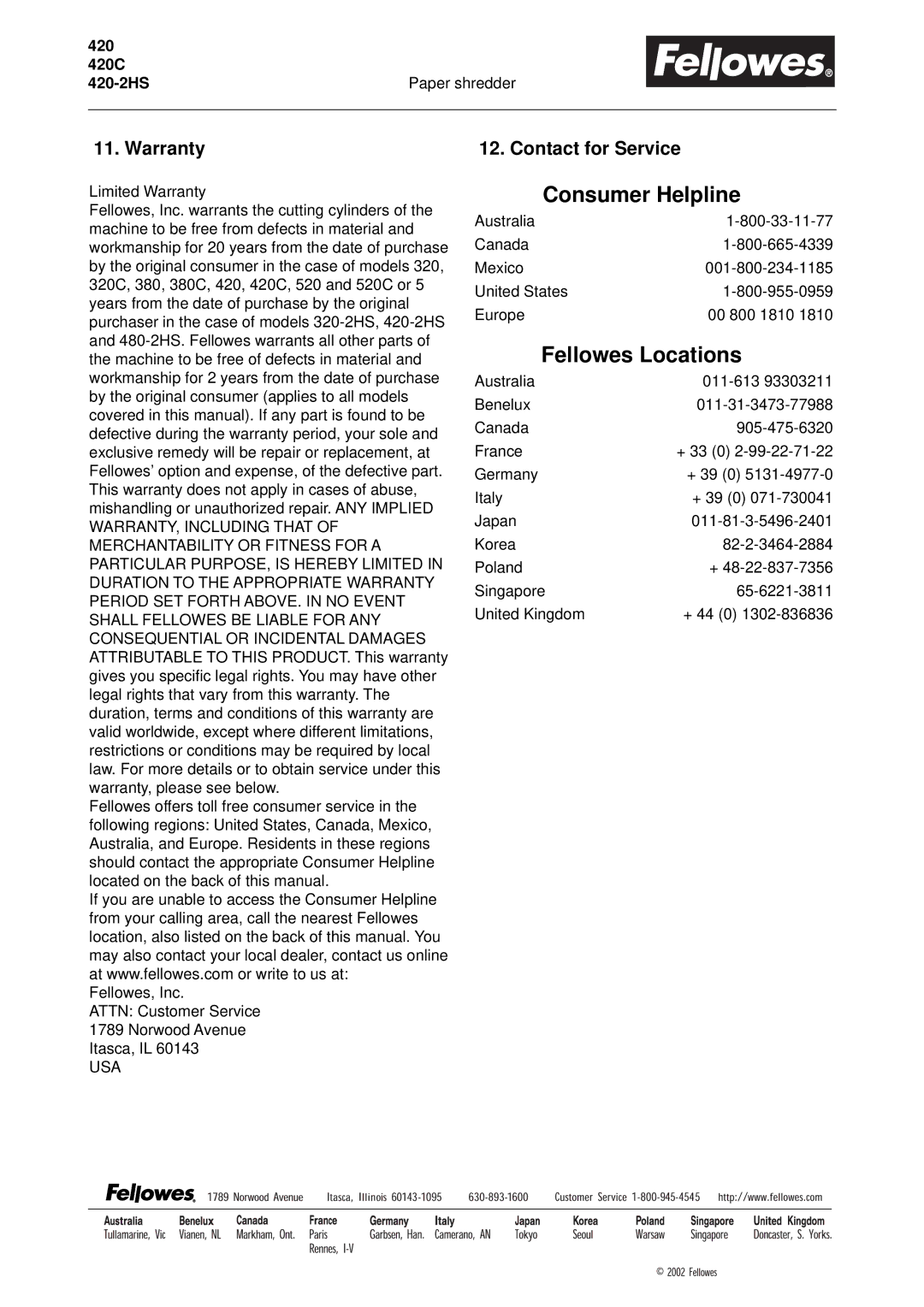 Fellowes C-420C, C-420HS manual Warranty, Contact for Service 