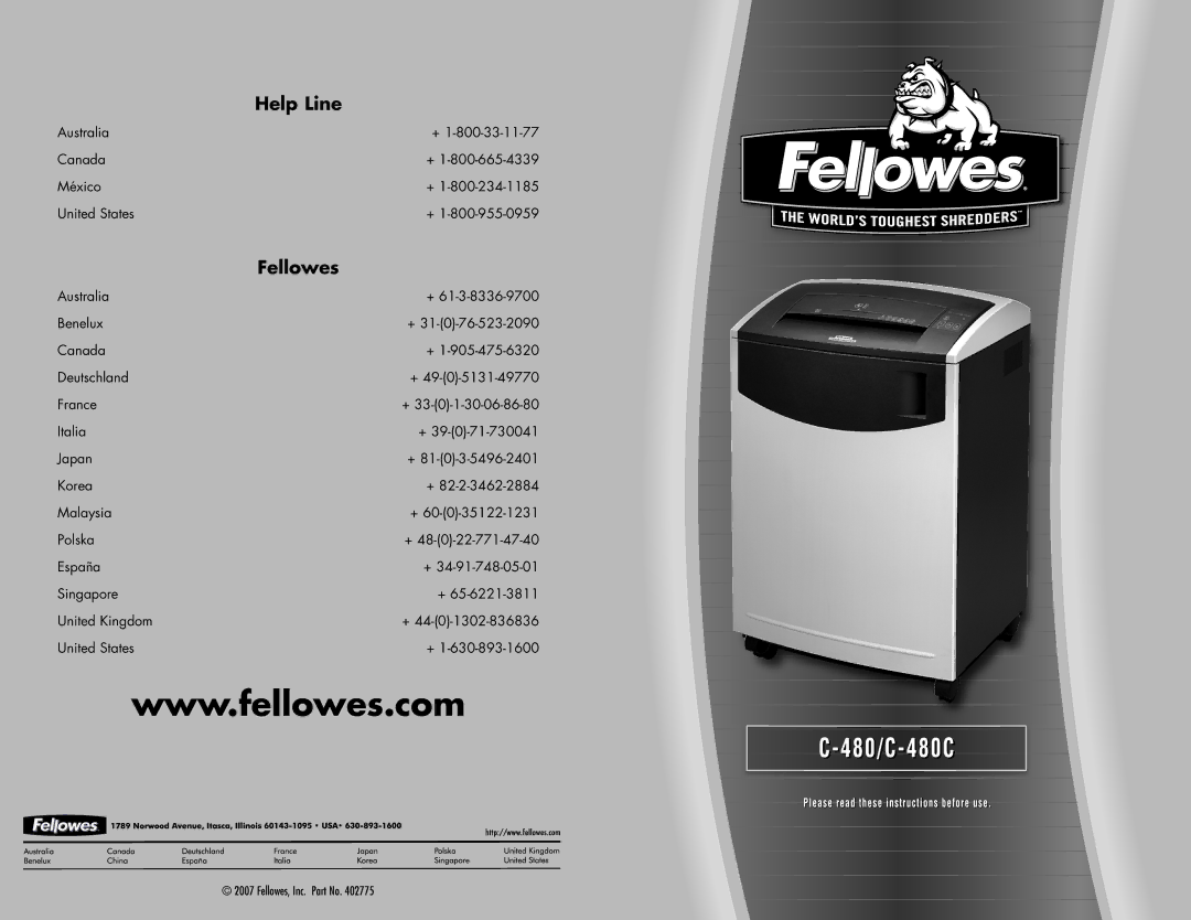 Fellowes C-480 manual Help Line 