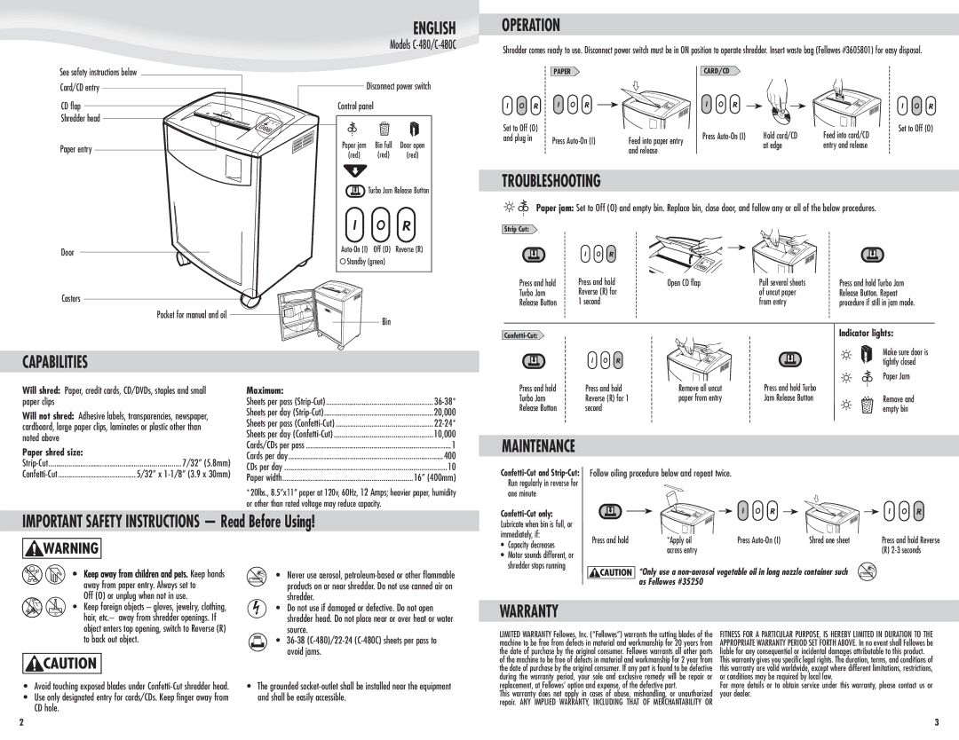 Fellowes C-480 manual Operation, Troubleshooting, Capabilities, Warranty 