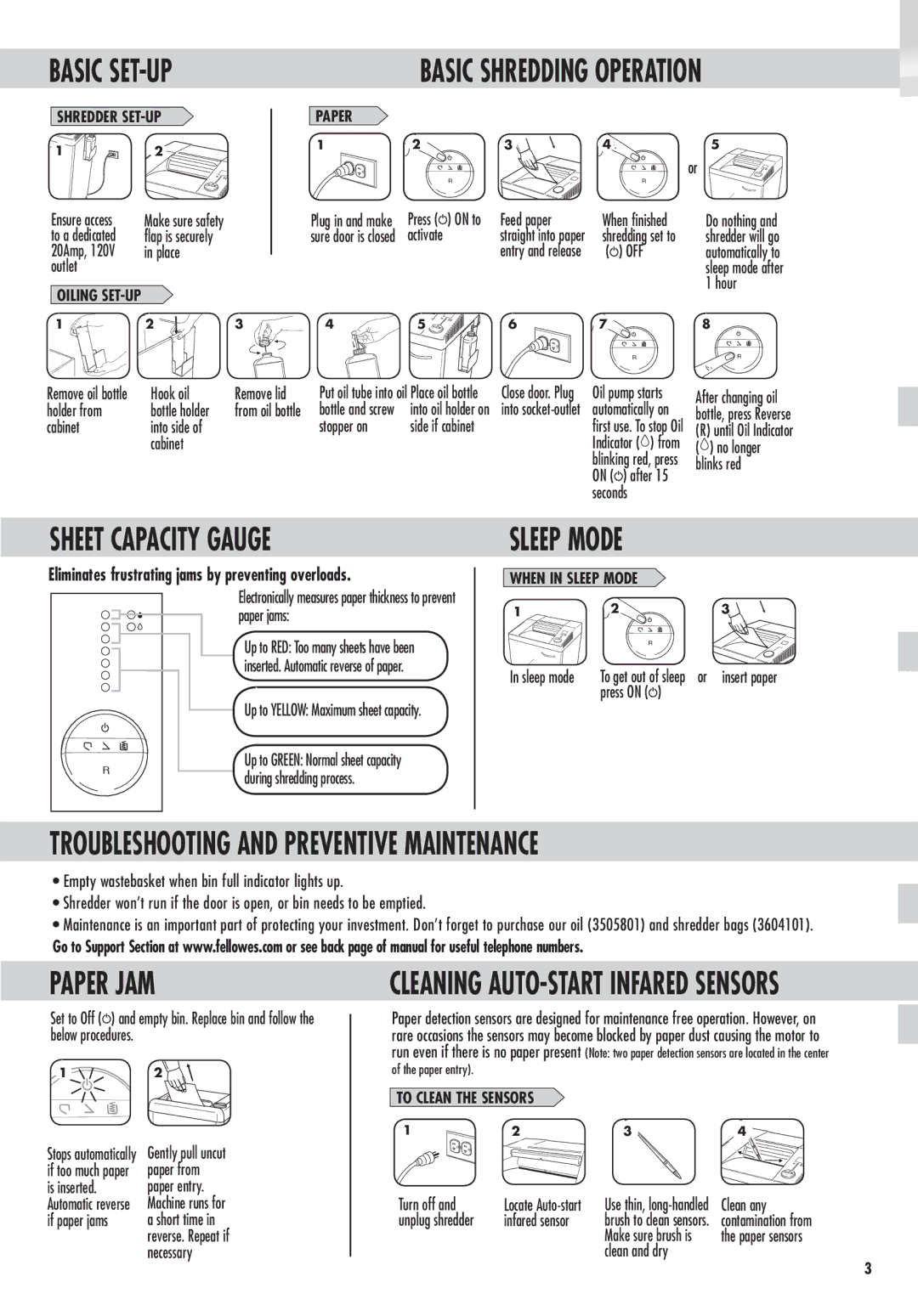 Fellowes C-525C Basic SET-UP Basic Shredding Operation, Sheet Capacity Gauge, Troubleshooting and Preventive Maintenance 