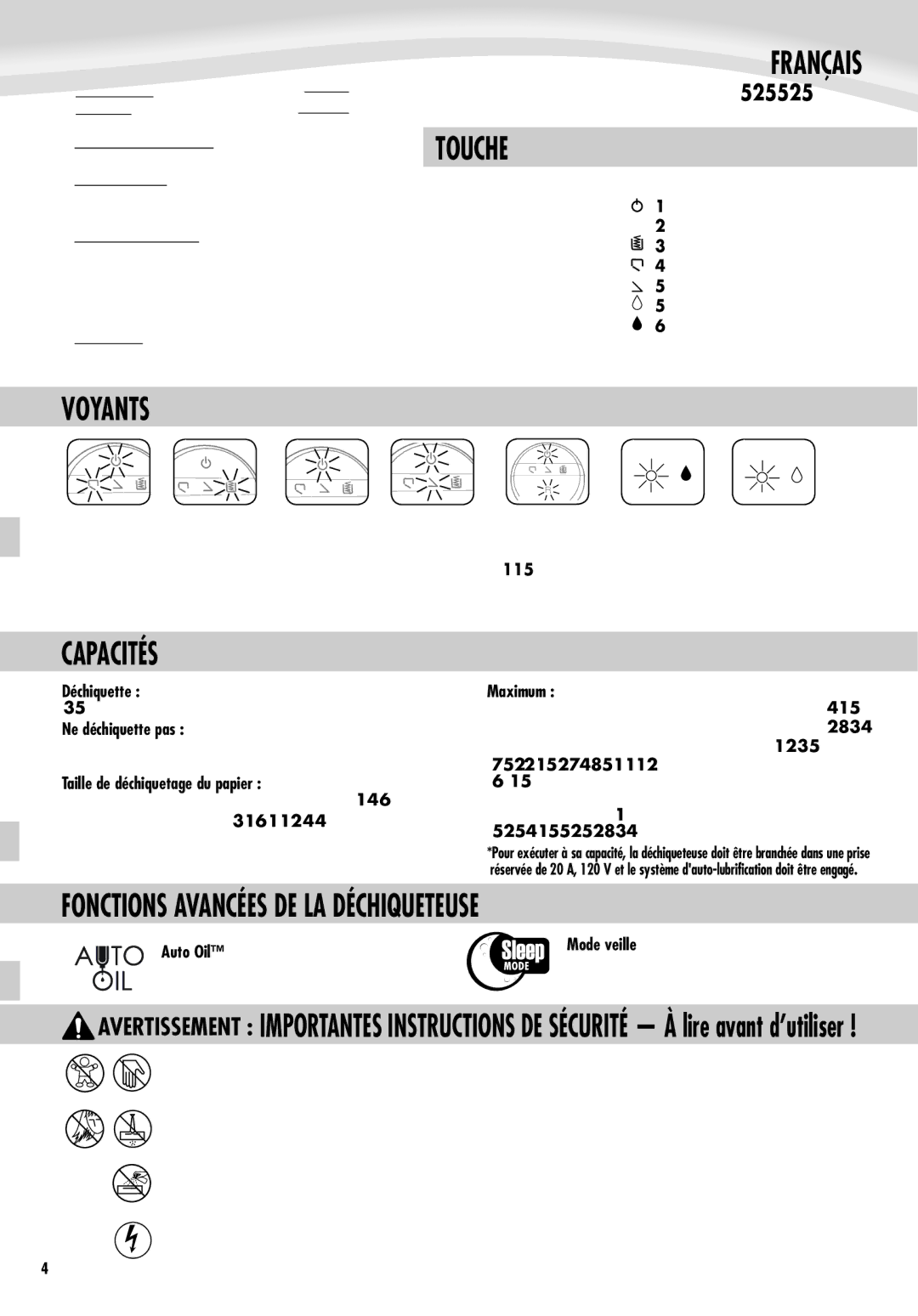 Fellowes C-525C manual Français, Touche, Voyants, Capacités 