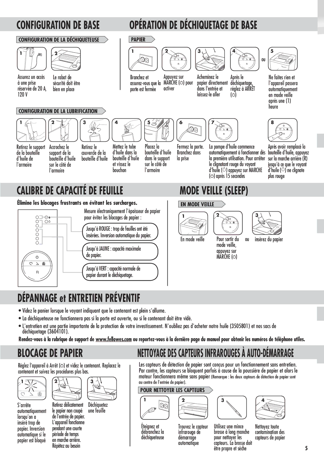 Fellowes C-525C manual Mode Veille Sleep, Blocage DE Papier, Configuration DE Base, Marche 