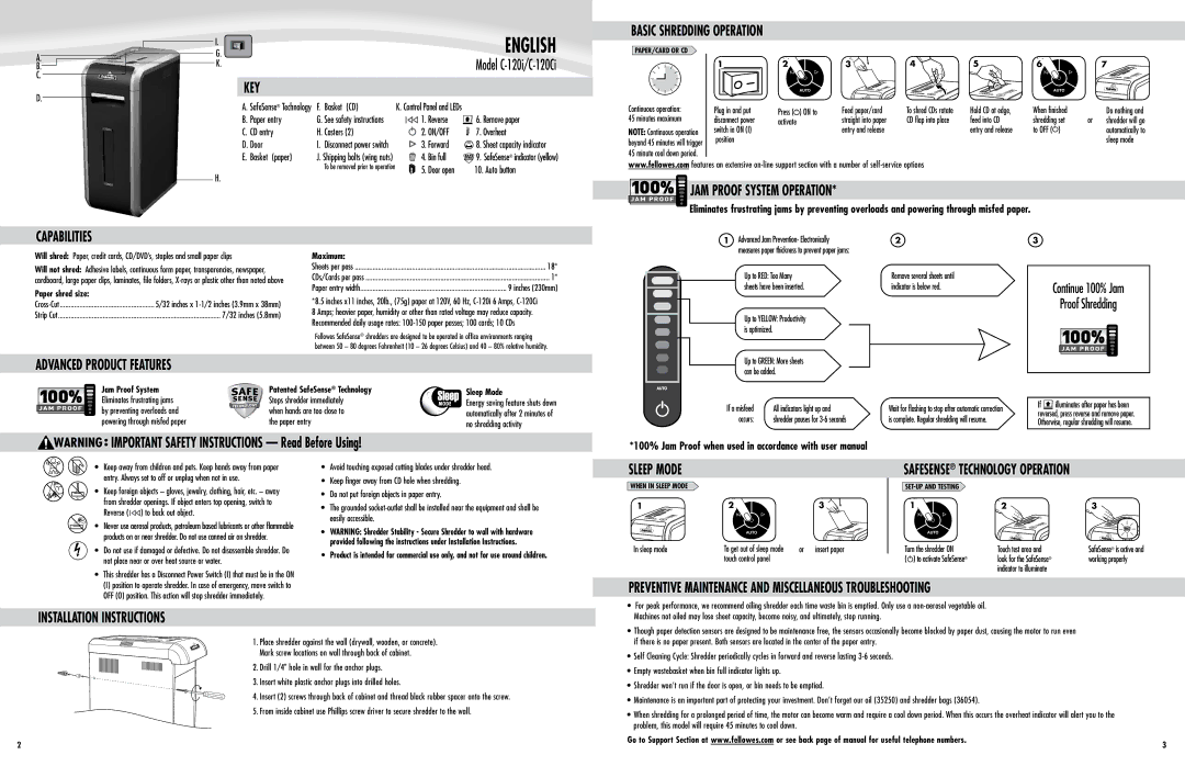 Fellowes c120ci warranty Key, Basic Shredding Operation, Capabilities, Sleep Mode, Installation Instructions 